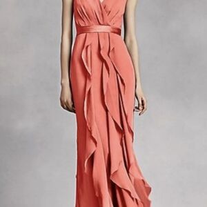 Vera Wang V Neck Wrapped Bodice Full Length Strap Dress VW36201345 Color Sunset